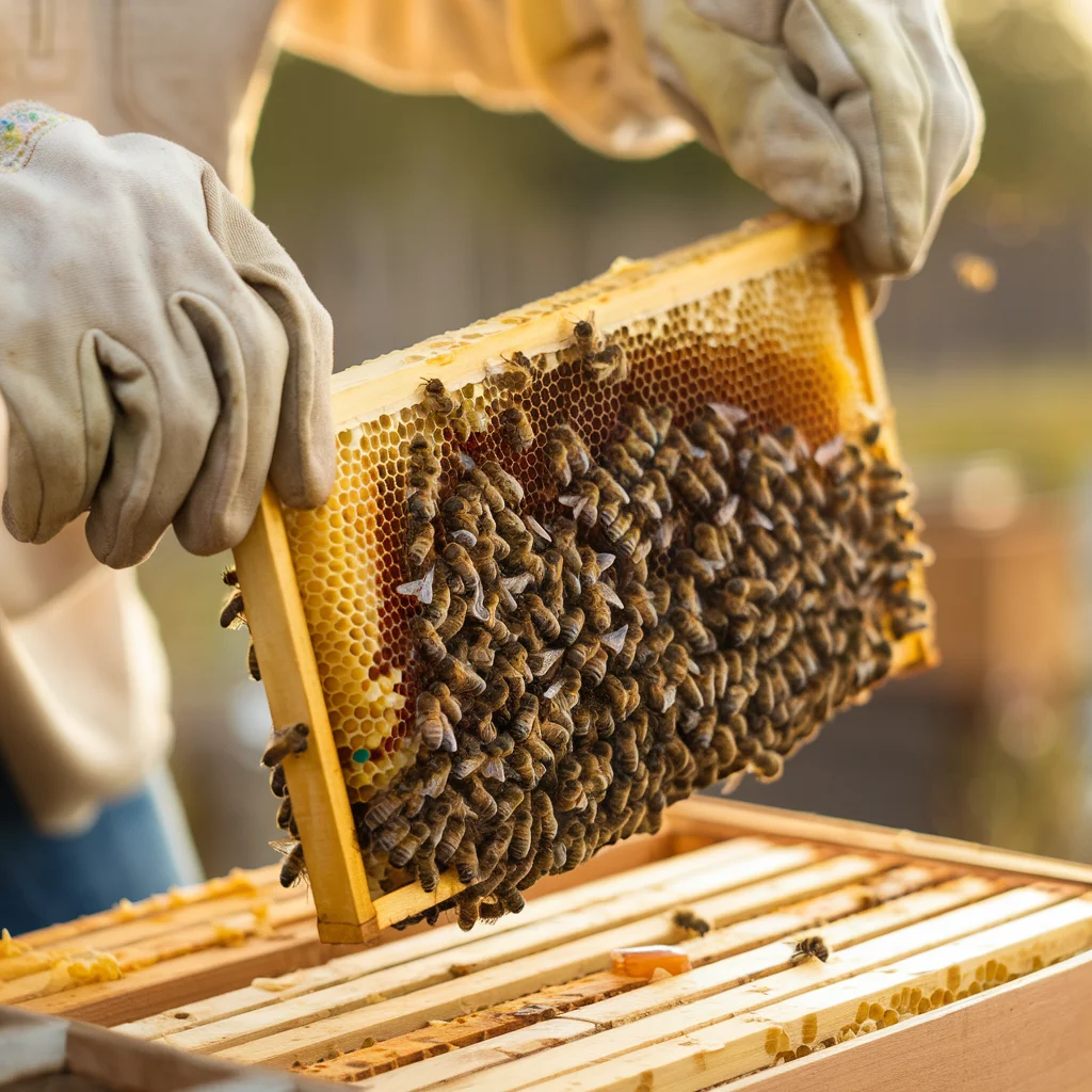 Gloved hands holding a Layens frame of honeybees