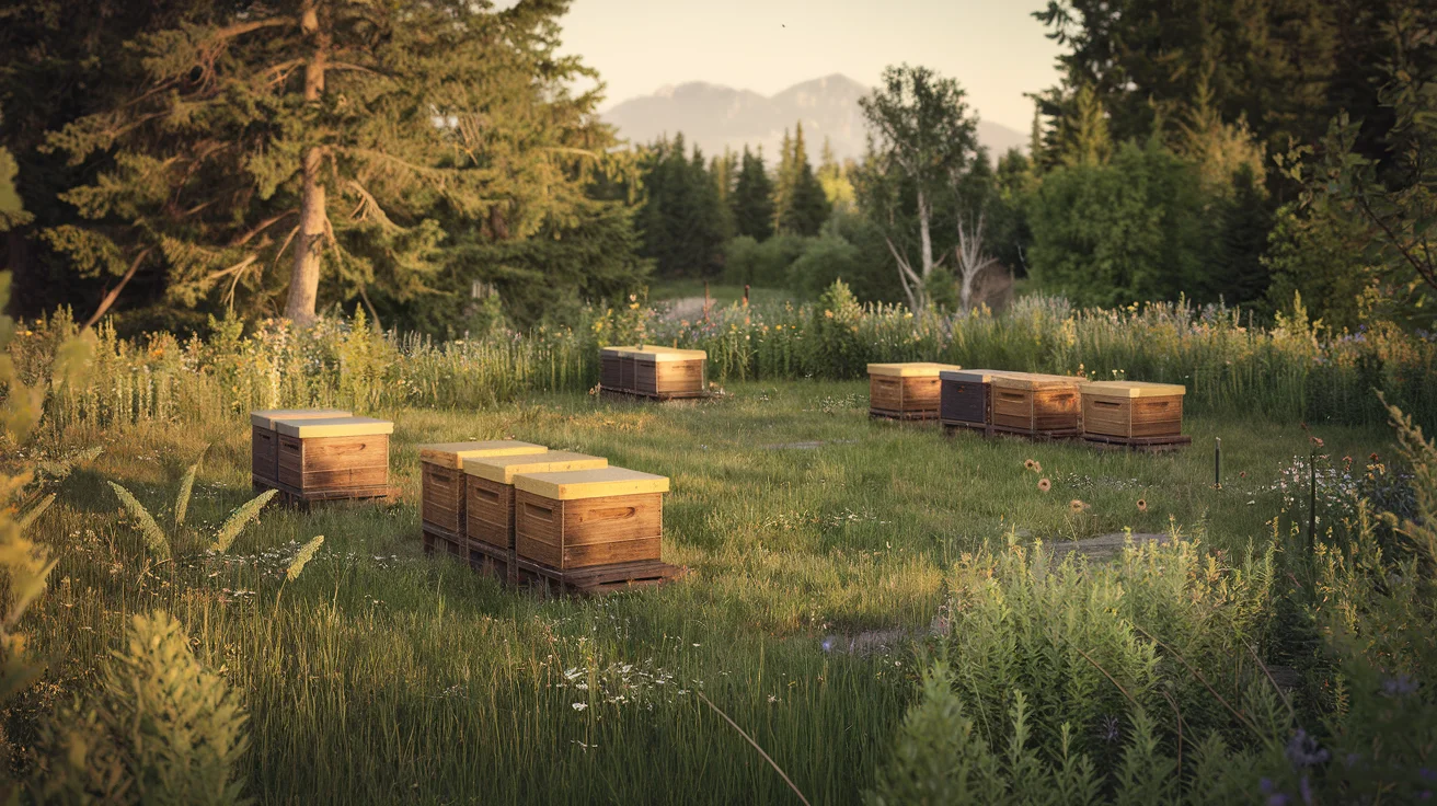 Wide view of an Idaho apiary with multiple wooden beehives in a grass clearing