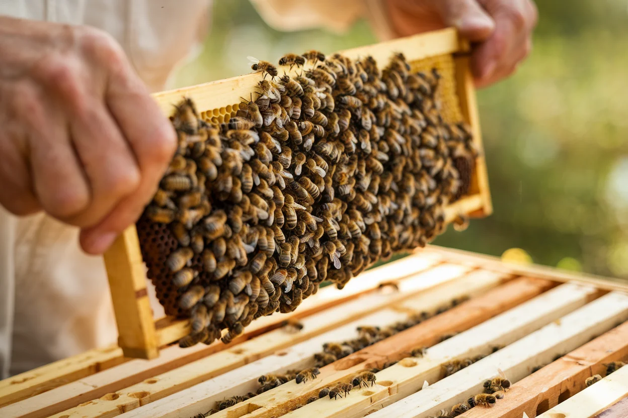Beekeeper inspecting a wooden frame covered with honeybees