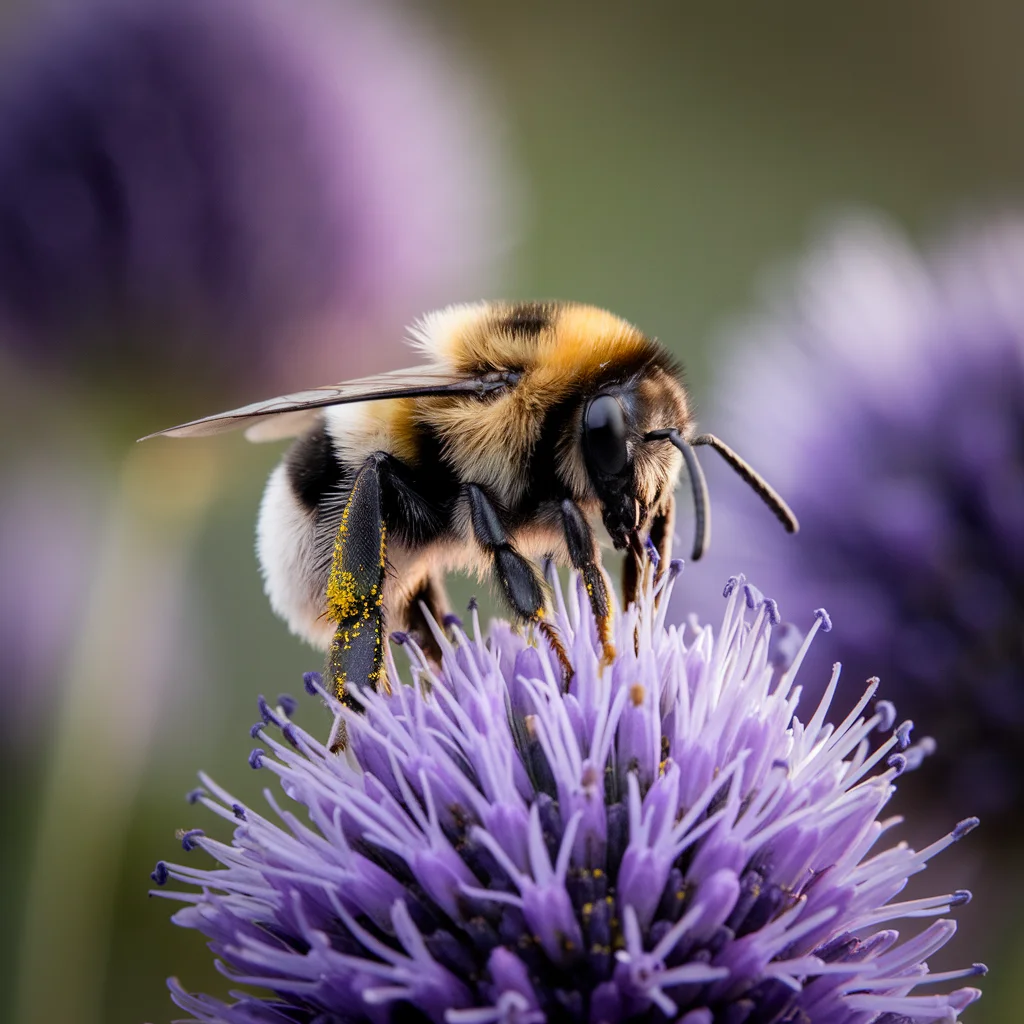 Fuzzy bumblebee on a purple flower covered in pollen