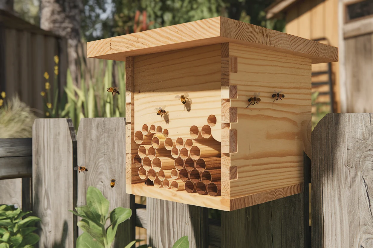 Wooden mason bee house mounted on a garden fence with mason bees approaching the tubes