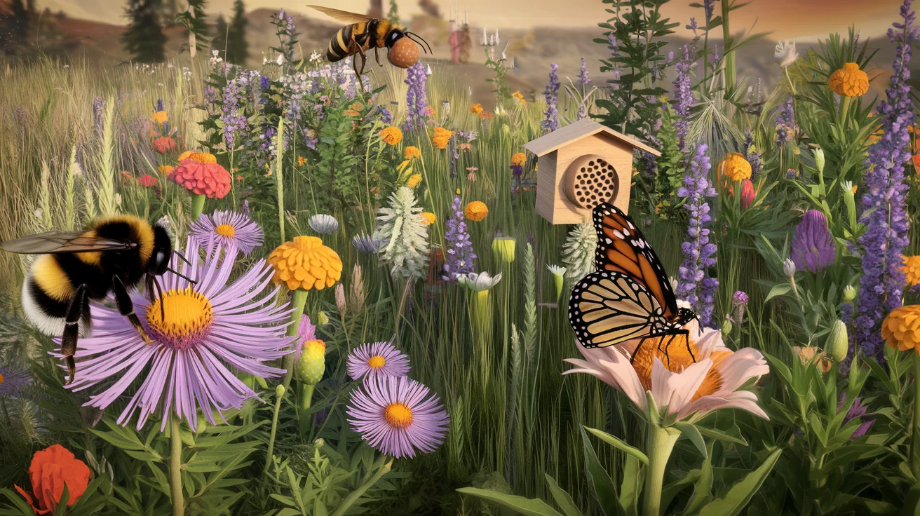 Diverse pollinator meadow with bumblebee, mason bee house, and monarch butterfly