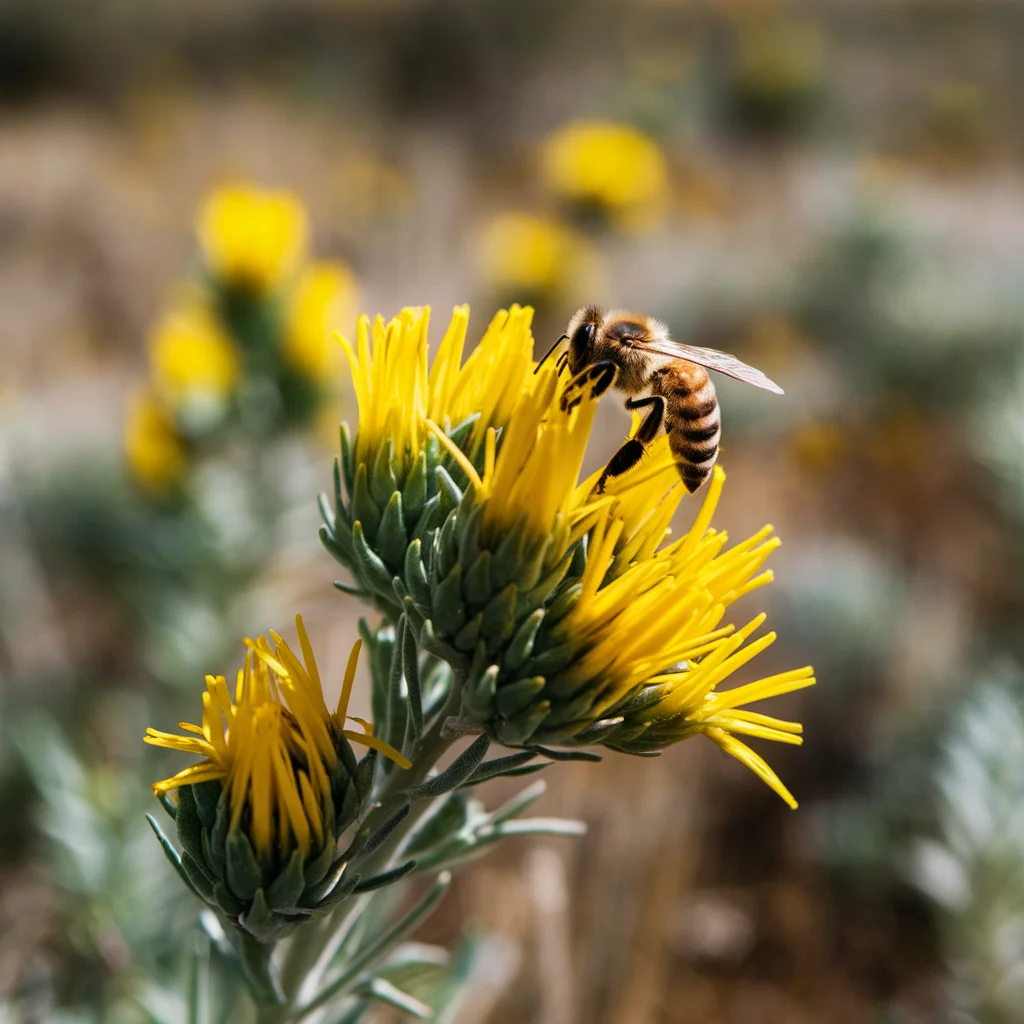 Yellow balsamroot flowers with a honeybee in an Idaho sagebrush meadow