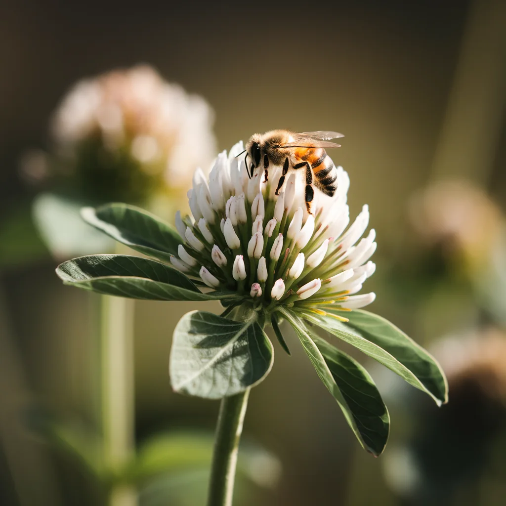 Close-up of clover flowers with a honeybee collecting pollen