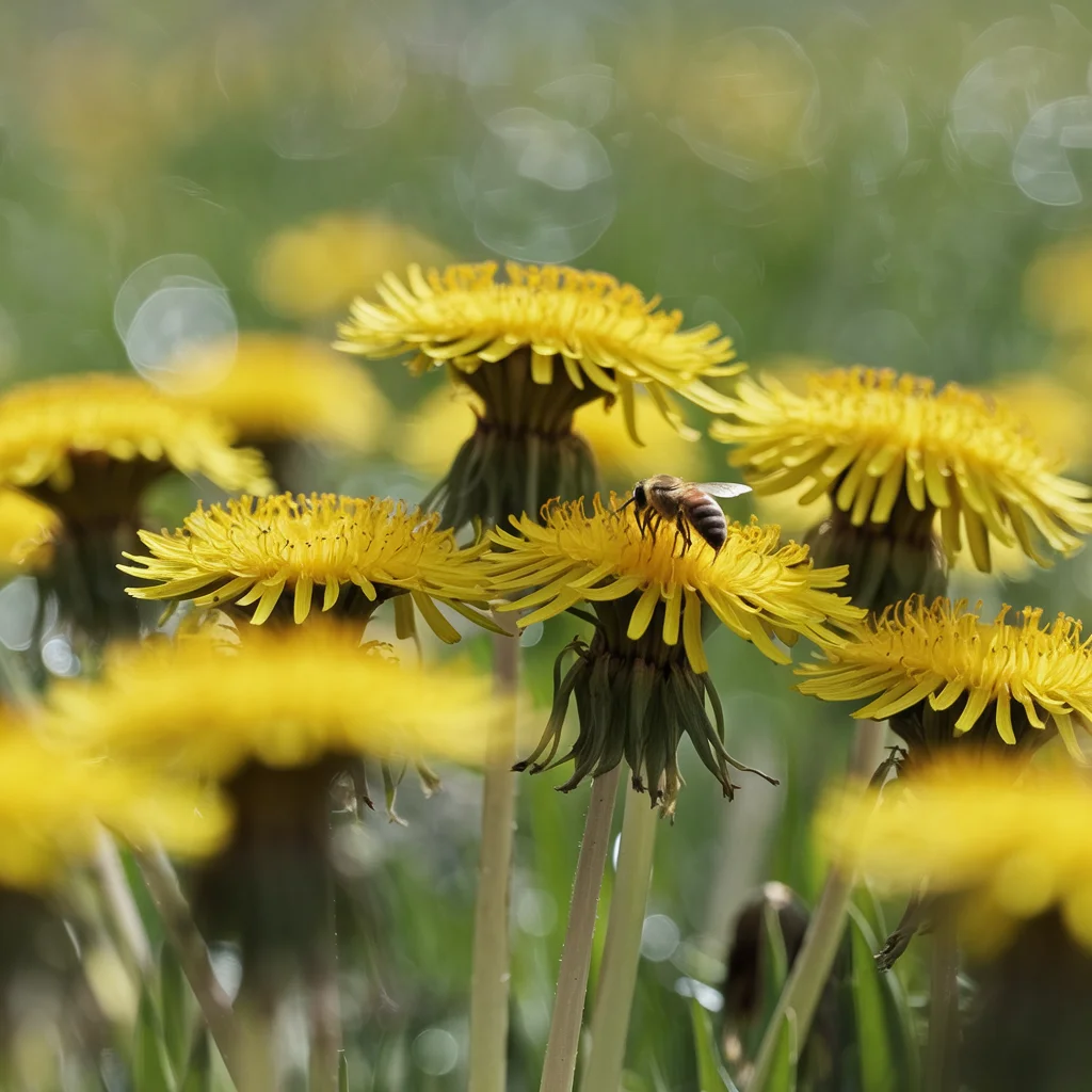 Yellow dandelion flowers with a honeybee gathering pollen
