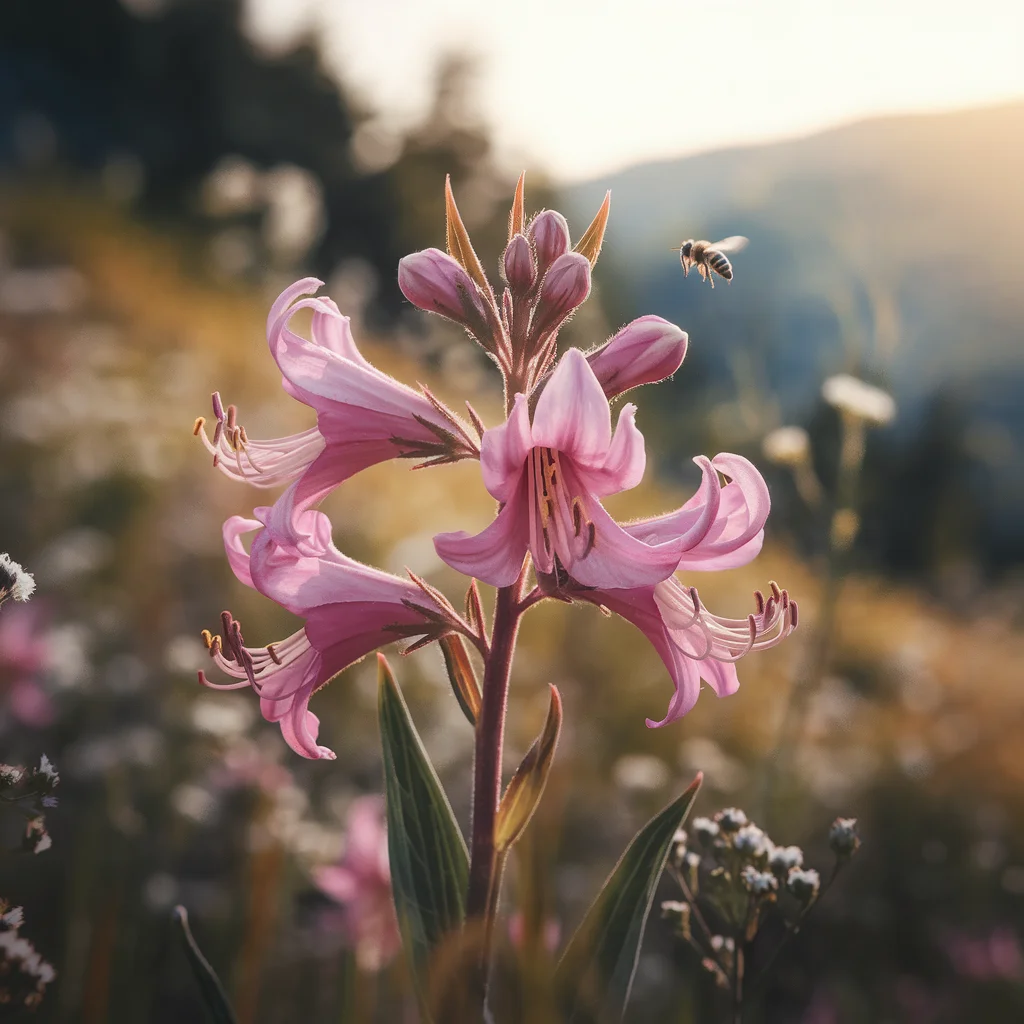 Pink fireweed flowers in bloom with a honeybee