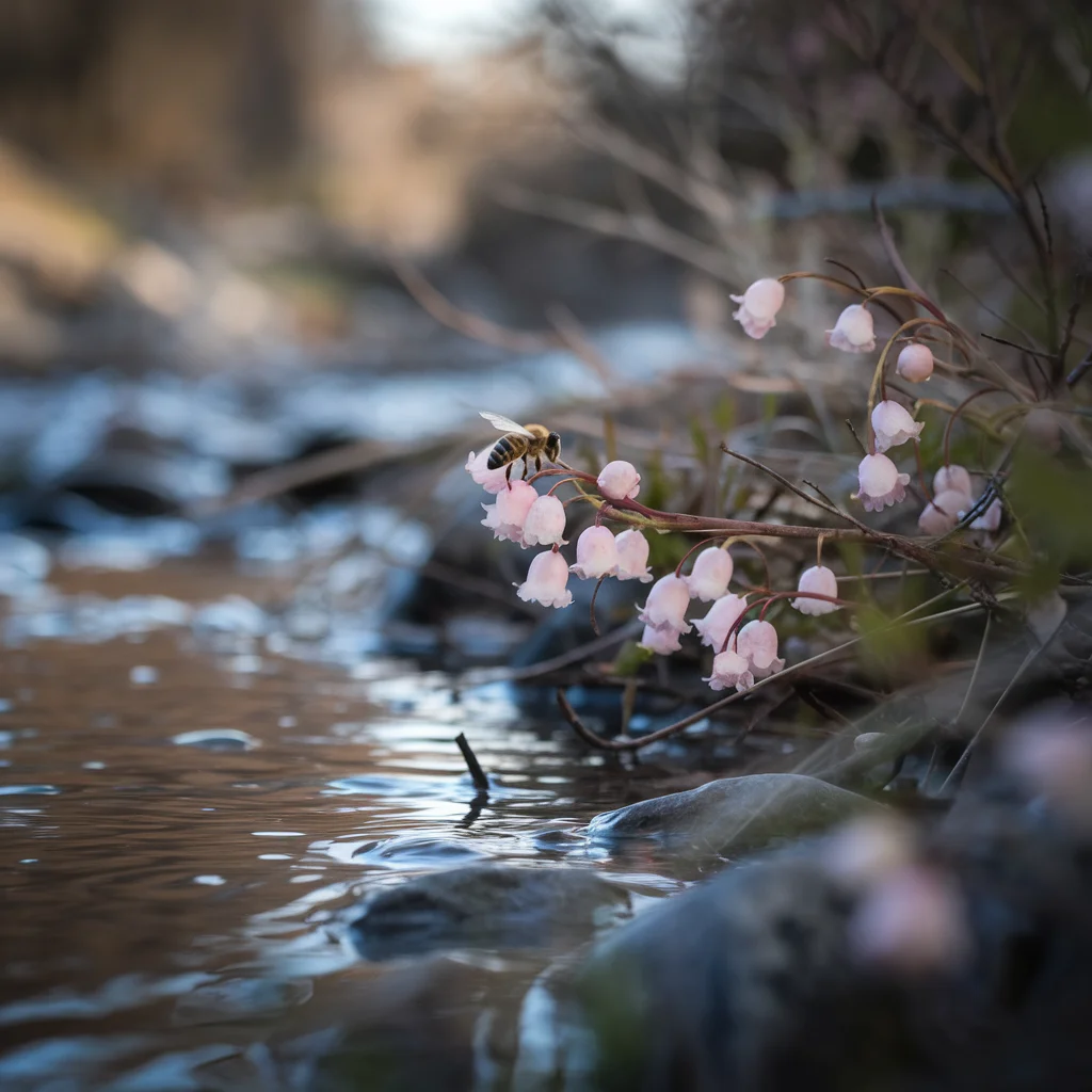 Pale pink snowberry bell flowers on a woody shrub with a honeybee